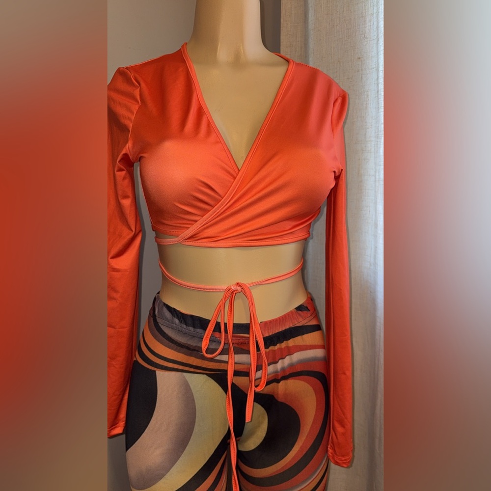 Orange Wrap Crop Top and Mesh Pants - Picture 1 of 7